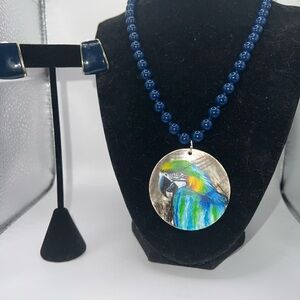 Vintage Navy Monet Bead Necklace with Parrot Pendant and Clip Earring Set